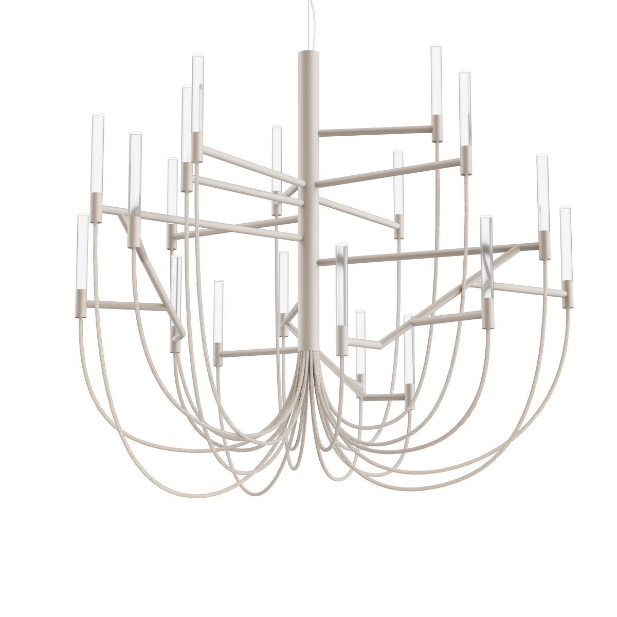 Lampadario Allumette (design Francesca Lanzavecchia) di Foscarini, con elementi luminosi di PMMA dalle sorgenti a LED e cavi tessili