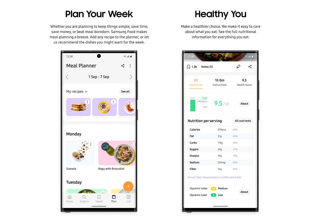 Alcune immagini dell’app Samsung Food che entro la fine dell’anno si evolverà per fornire dati alimentari e dietetici utili calibrati sul proprio stato di salute.