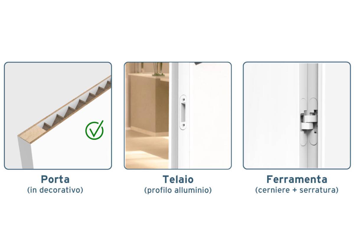 Porta a battente filo muro reversibile design total white e massima integrazione Porta a battente filo muro reversibile design total white e massima integrazione