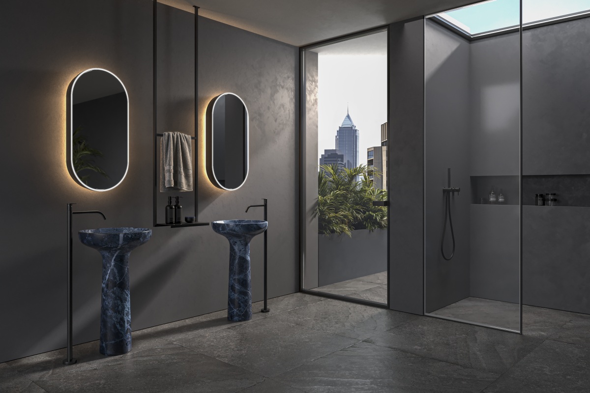 Saturno Cabinet: geometrie morbide, anta push-push e illuminazione LED a 360° Saturno Cabinet: geometrie morbide, anta push-push e illuminazione LED a 360°