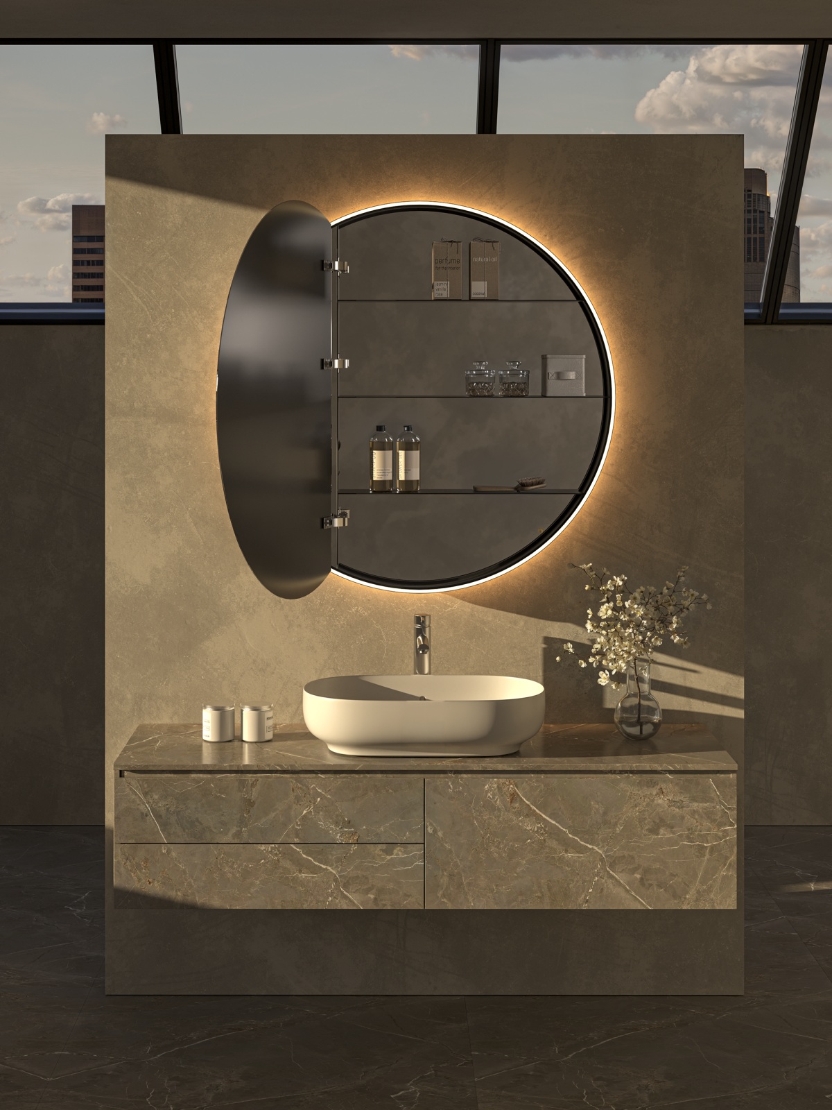 Saturno Cabinet: geometrie morbide, anta push-push e illuminazione LED a 360° Saturno Cabinet: geometrie morbide, anta push-push e illuminazione LED a 360°